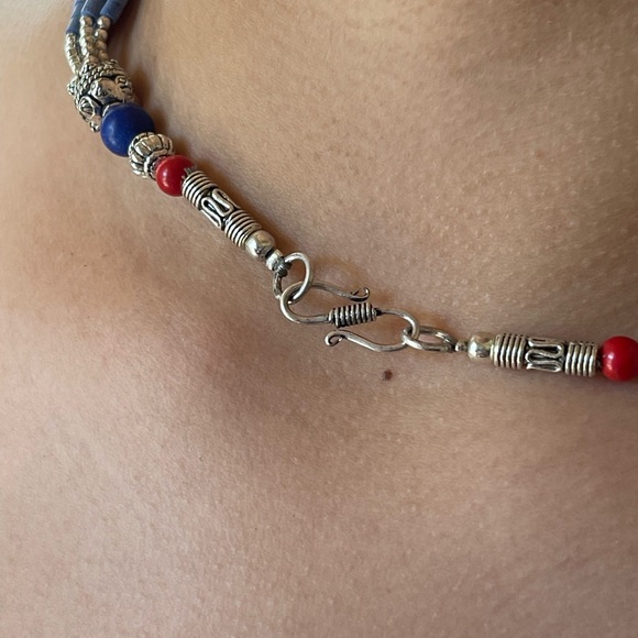 Gorgeous crescent moon Tibetan silver turquoise, lapis and coral necklace - Picture 3 of 5